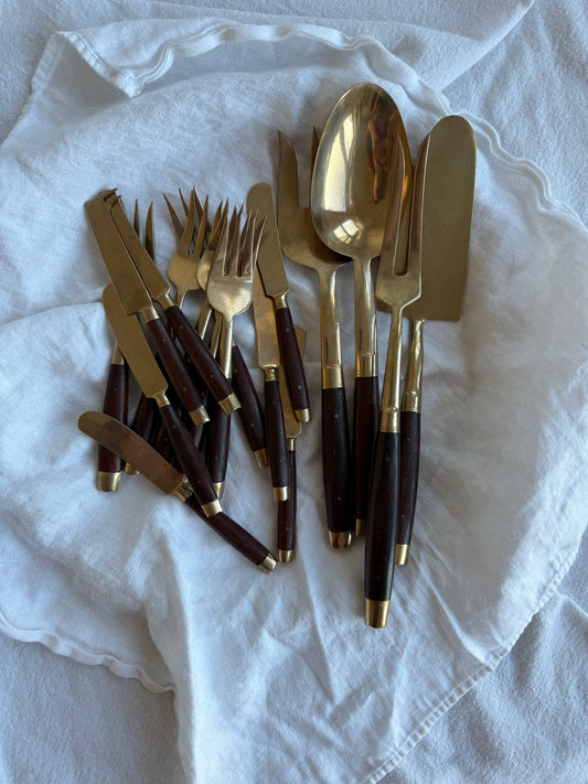 Vintage Thai-Made Brass & Wood Flatware Set – 17 Pieces