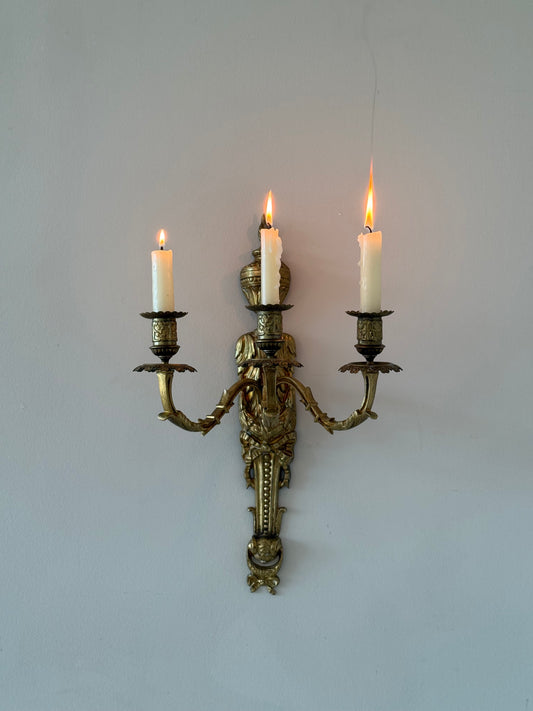 Antique French Solid Brass Three-Arm Wall Sconce, Louis XVI Revival