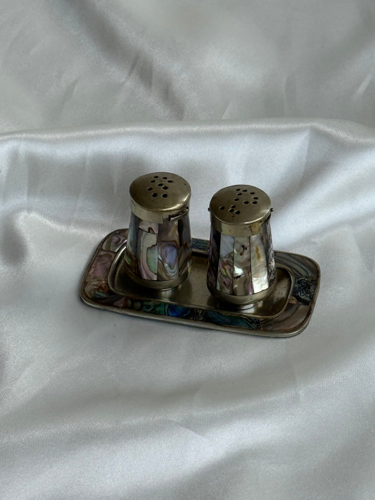 Vintage Abalone Shell Salt & Pepper Shakers with Matching Tray