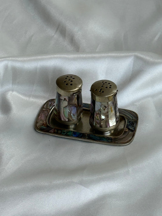 Vintage Abalone Shell Salt & Pepper Shakers with Matching Tray