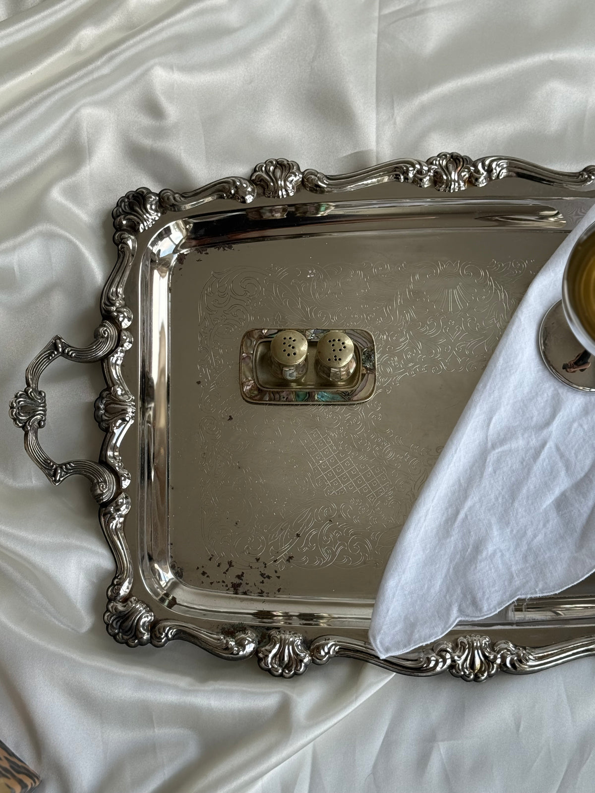 Vintage Abalone Shell Salt & Pepper Shakers with Matching Tray
