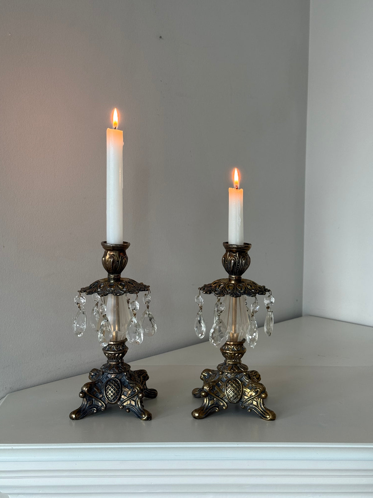 Vintage Hollywood Regency Crystal Prism Candlesticks – Pair