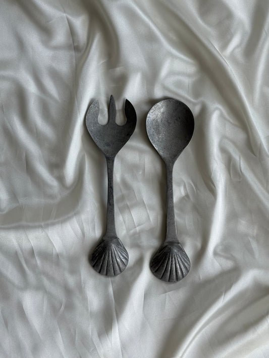 Vintage Cast Aluminum Seashell Salad Serving Set