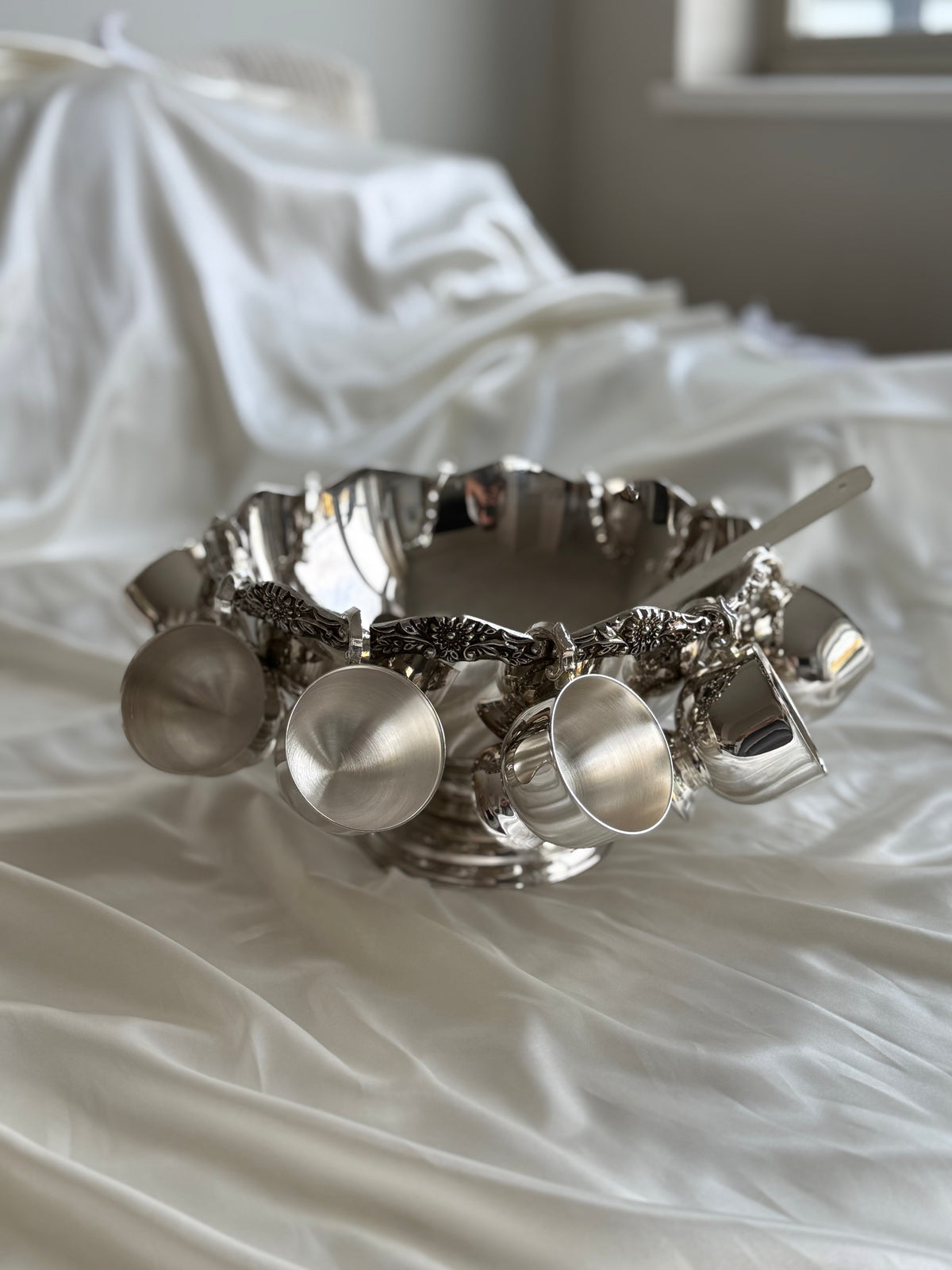 Vintage Silver-Plated Punch Bowl Set with 10 Hanging Cups & Ladle