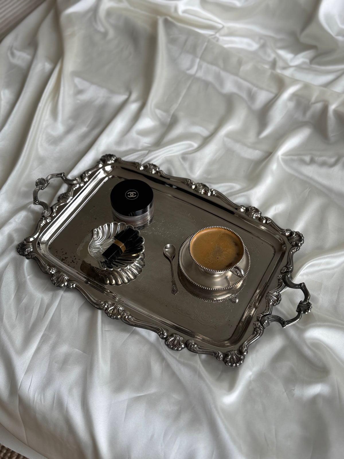 Vintage Ornate Silver-Plated Serving Tray with Handles