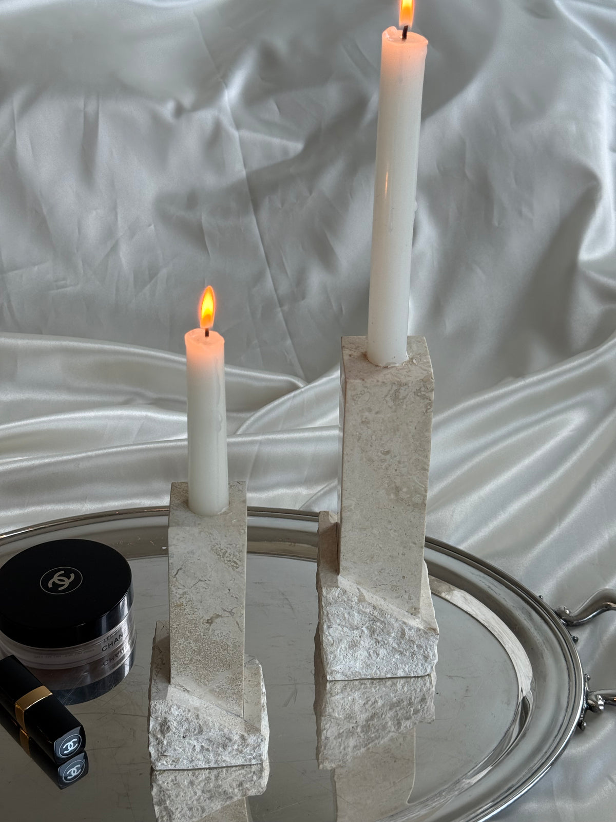 Vintage Renoir Designs Sculptural Travertine Candle Holders – Set of 2