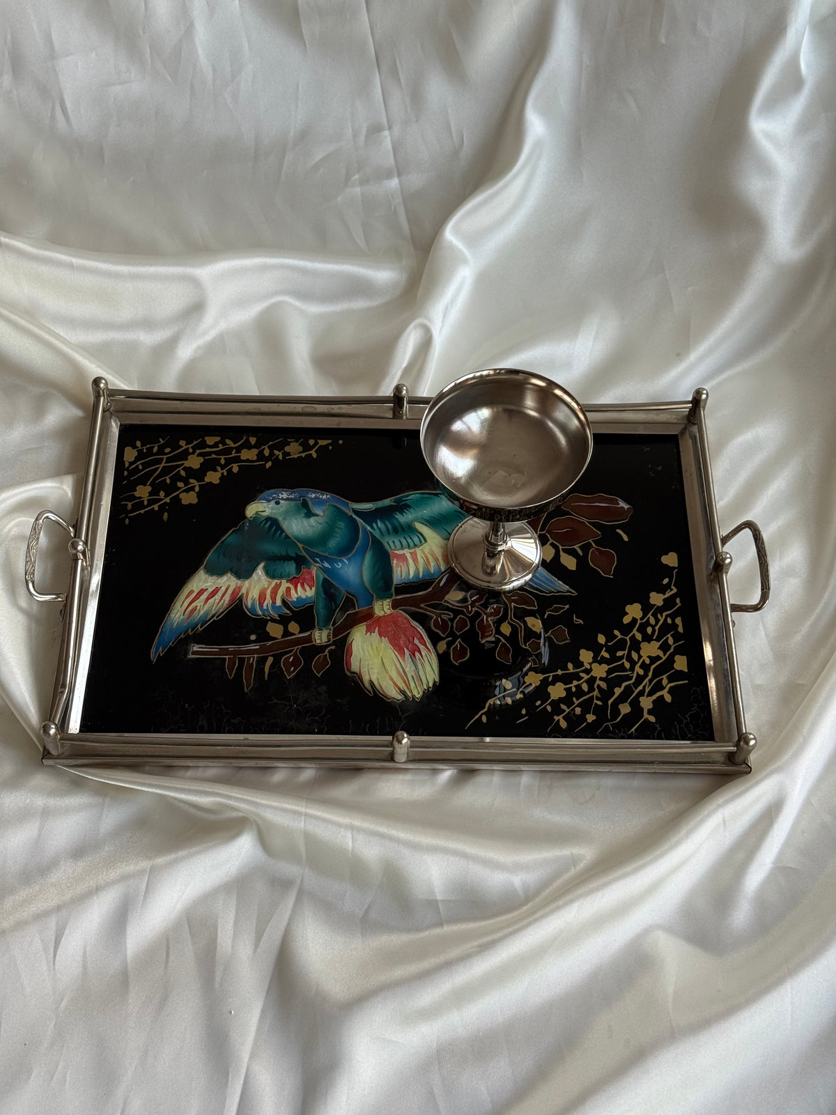 Vintage Reverse Painted Glass Serving Tray with Parrot Design