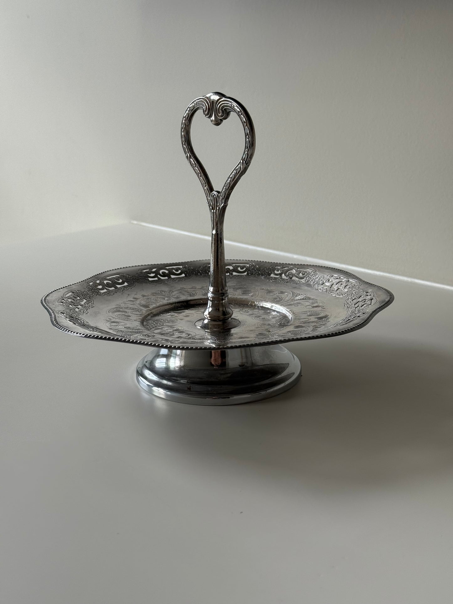 Vintage Silver-Plated Pedestal Tray with Heart Handle