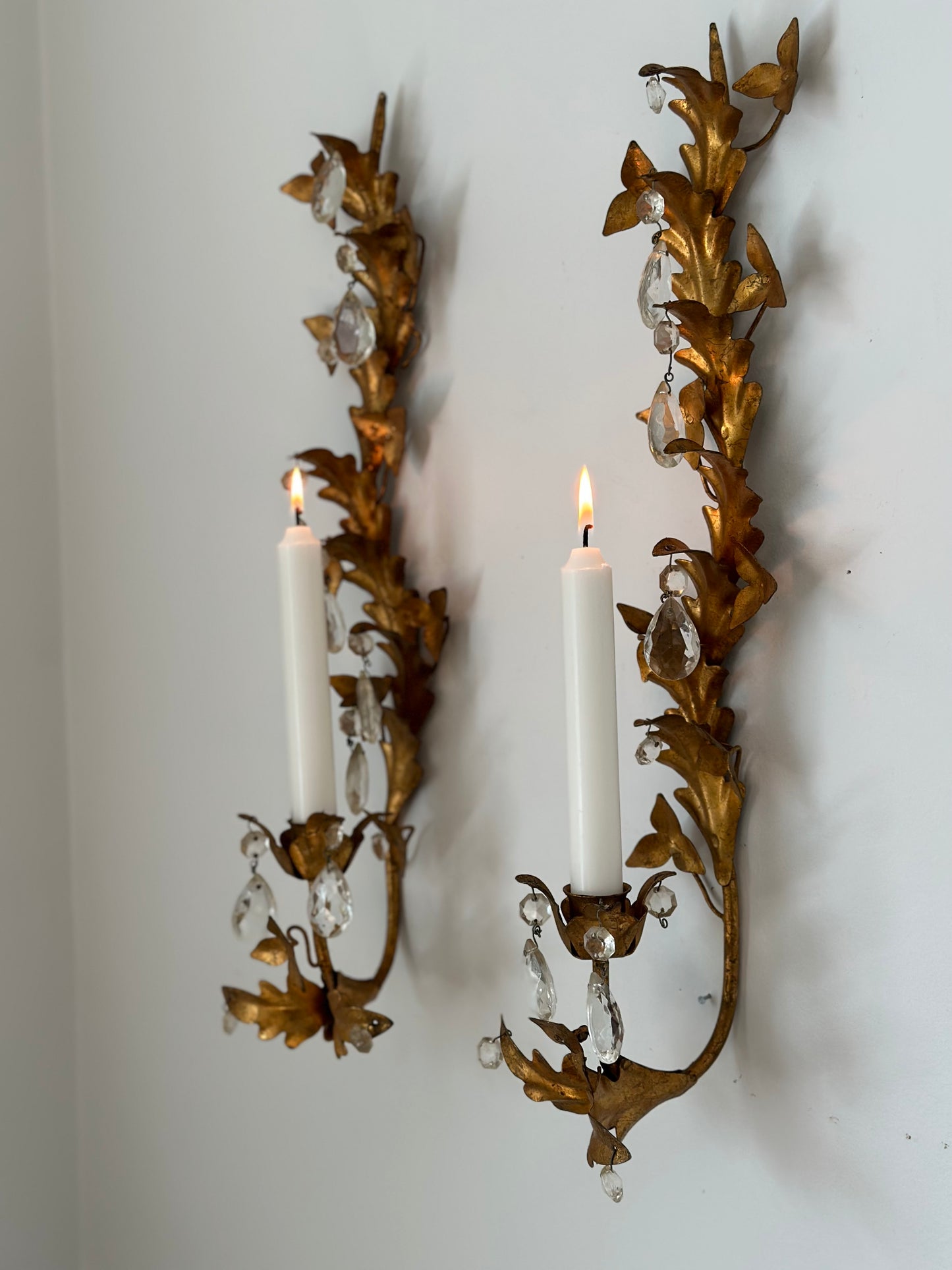 Vintage Italian Gilt Tole & Crystals Candle Sconces