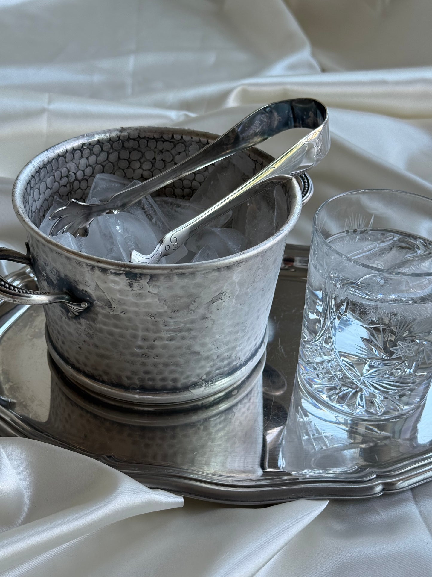 Vintage Primrose Plate Silver-Plated Ice Bucket with Tongs