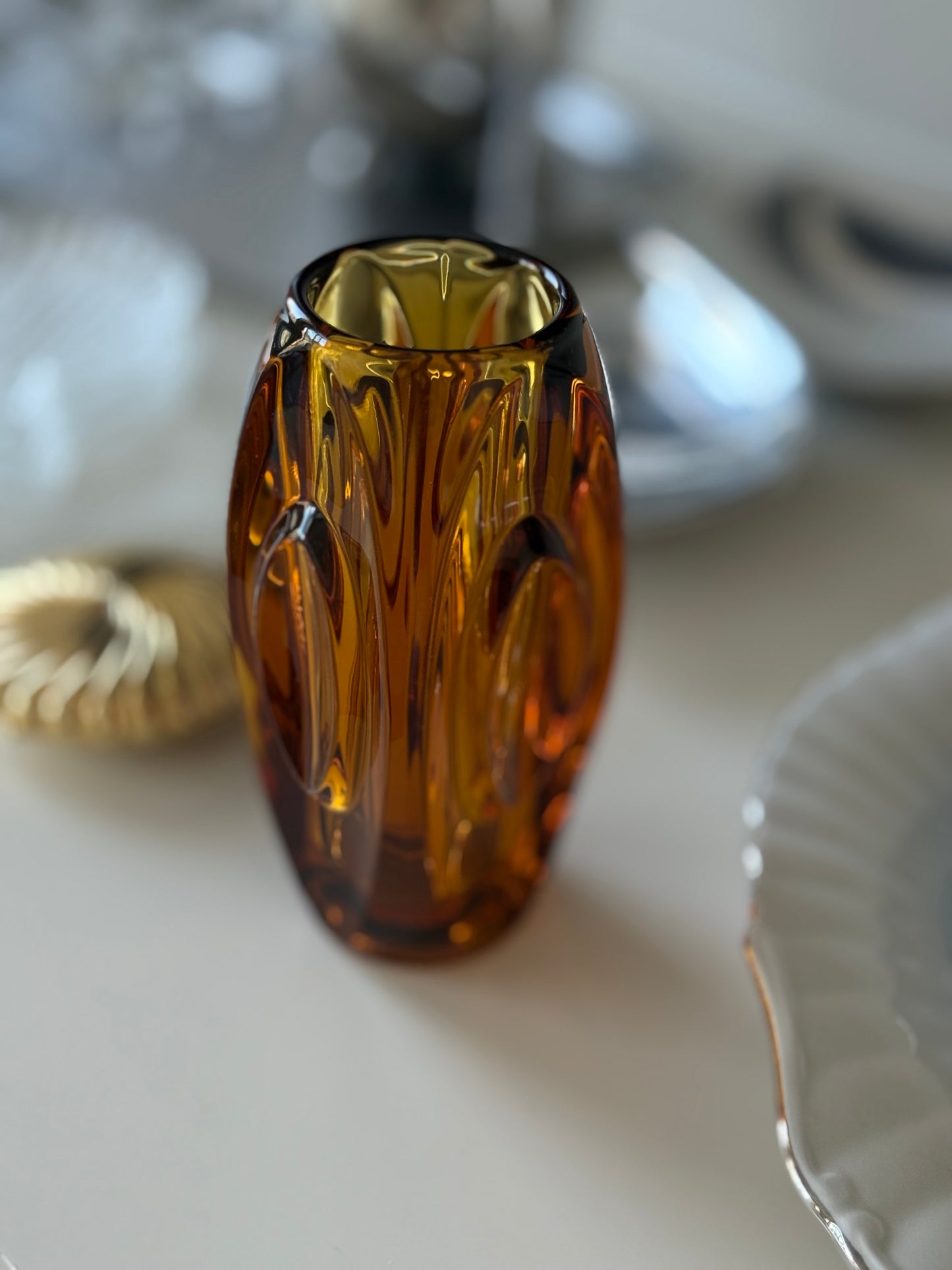 Mid-Century Czech Amber Art Glass Vase Bohemia Hand-Blown