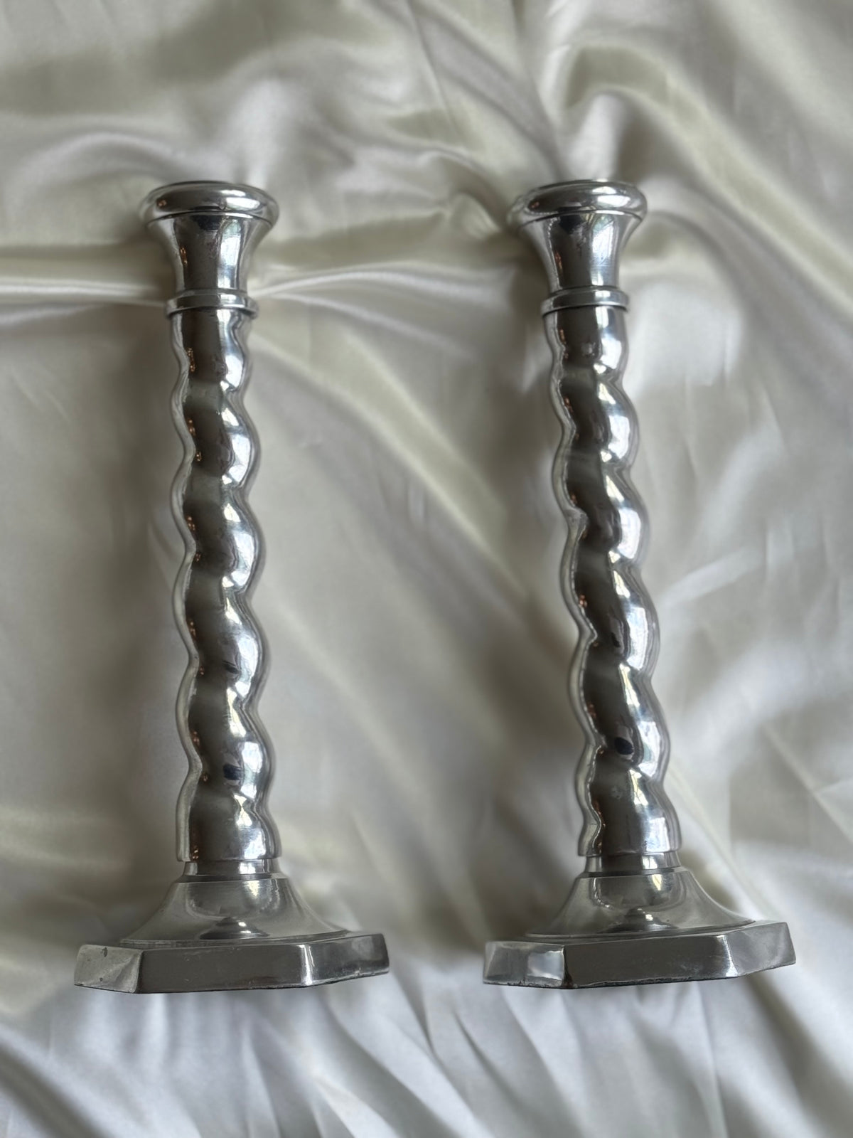 Pair of Vintage Postmodern Silver-Tone Barley Twist Candlesticks