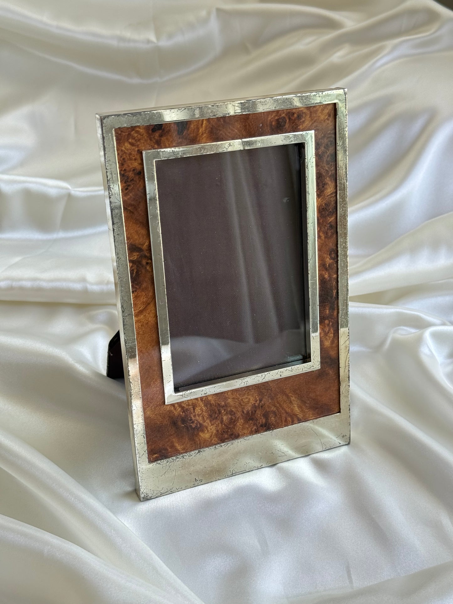 Vintage Burl Wood & Silver Tone Picture Frame