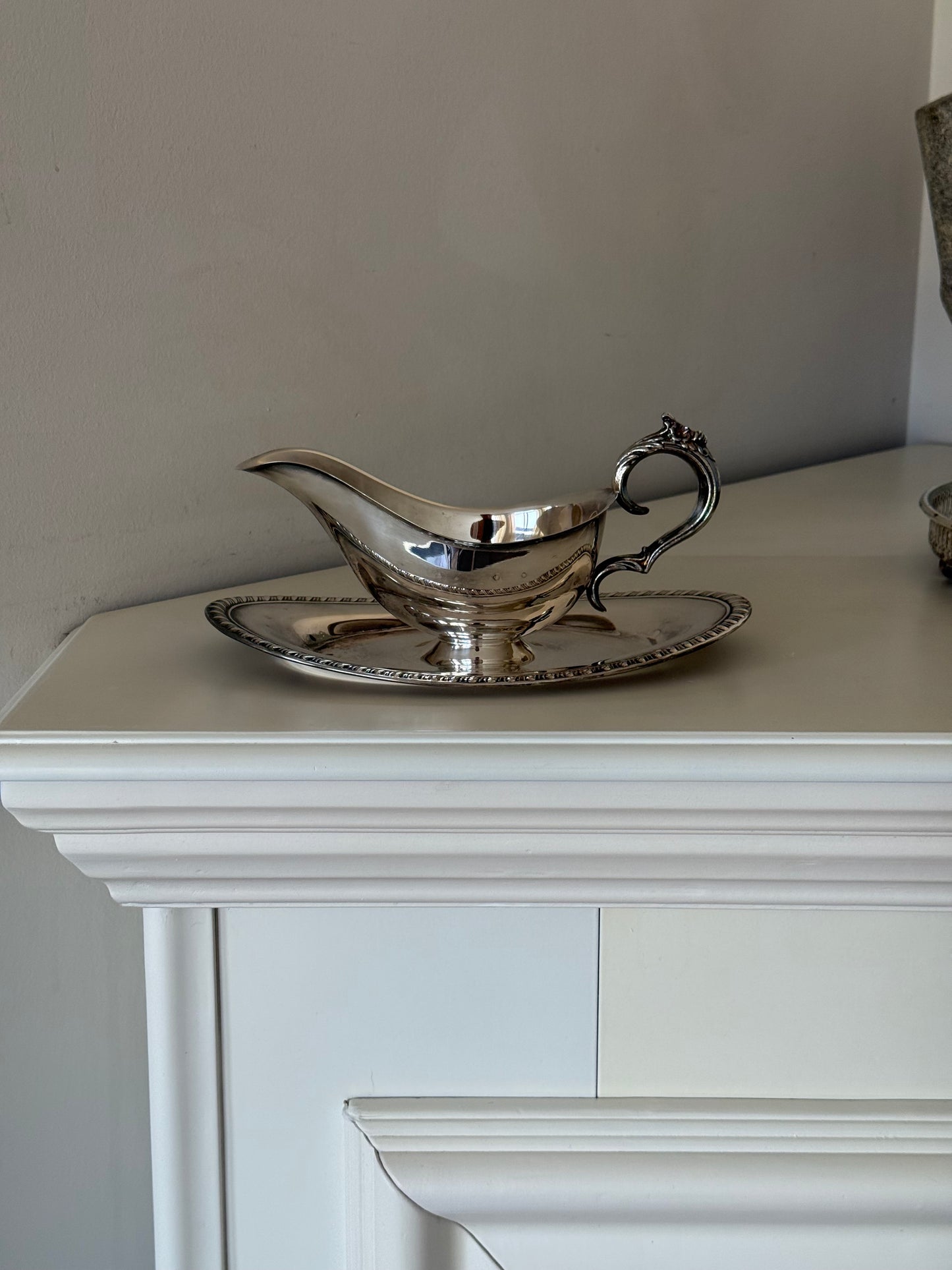 Vintage Silver Plated Gravy Boat with Attached Saucer