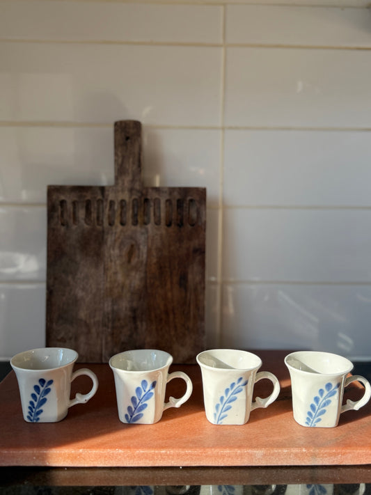 Set of 4 Hand-Painted Ceramic Espresso Cups – Blue Leaf Motif