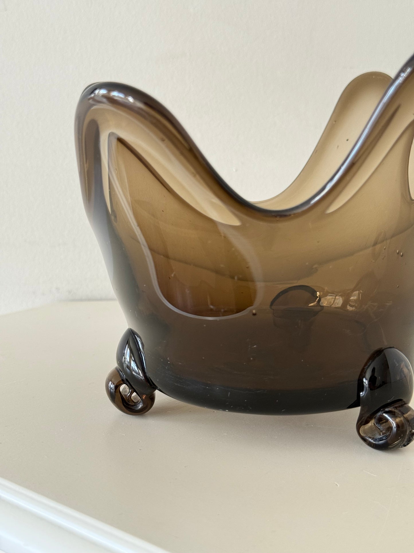 Vintage Smoky Art Glass Bowl – Sculptural Footed Form