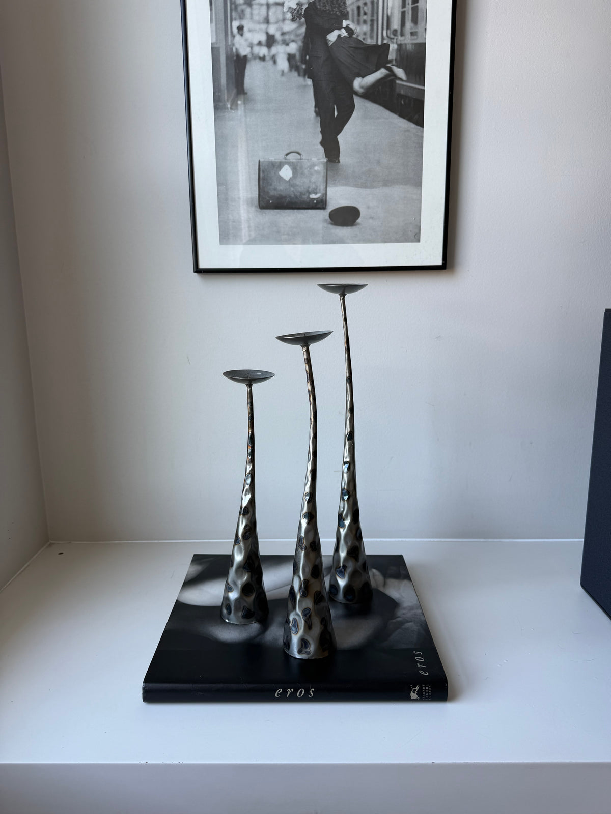 Vintage Brutalist Style Sculptural Metal Pillar Candle Holders – Set of Three