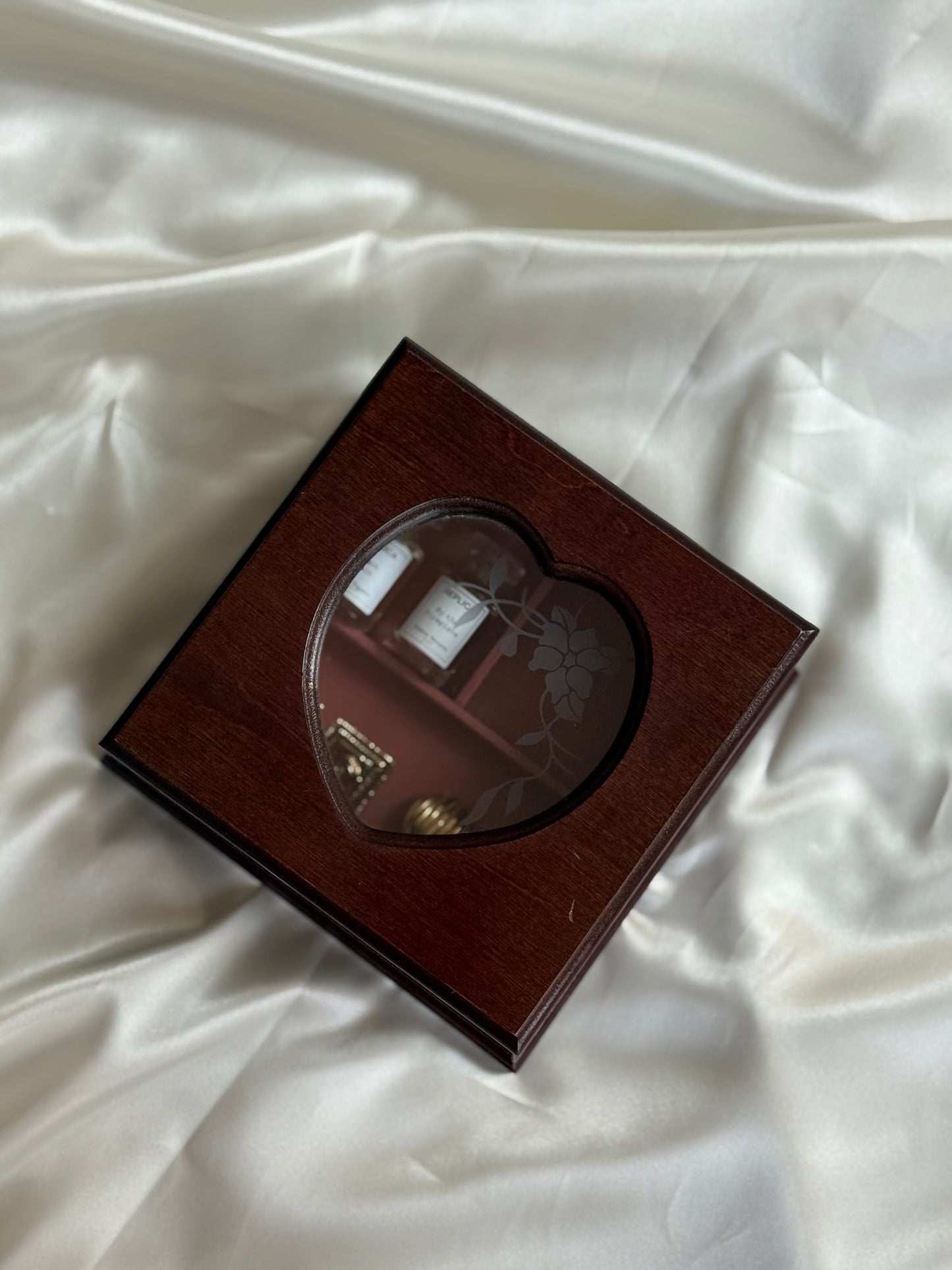 Vintage Wooden Jewelry Box with Heart glass