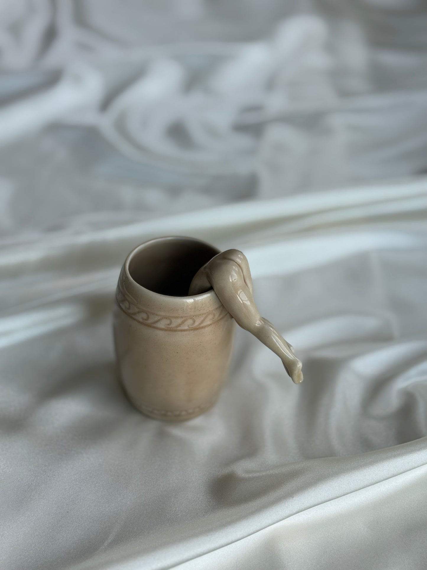 Vintage Ceramic Mug with Figurine Leg Handle