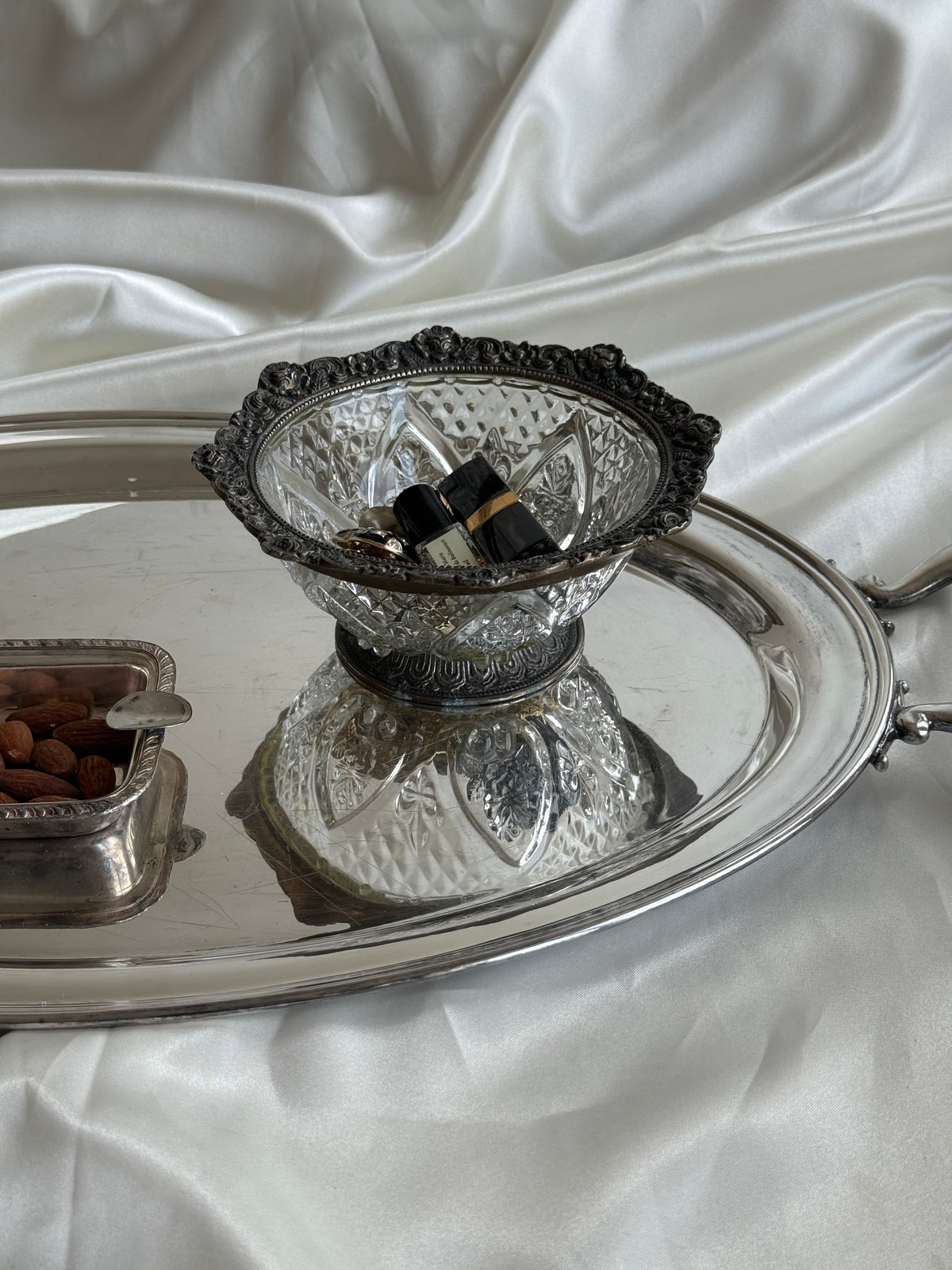 Vintage Pressed Glass Bowl with Ornate Silver-Tone Metal Rim