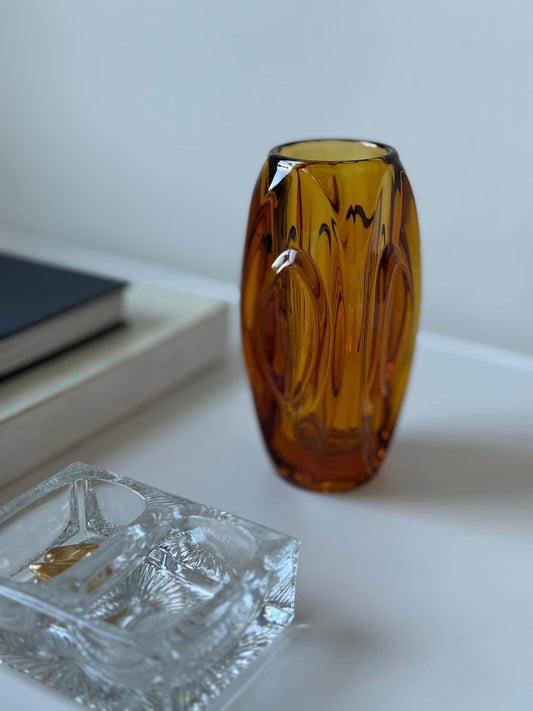 Mid-Century Czech Amber Art Glass Vase Bohemia Hand-Blown