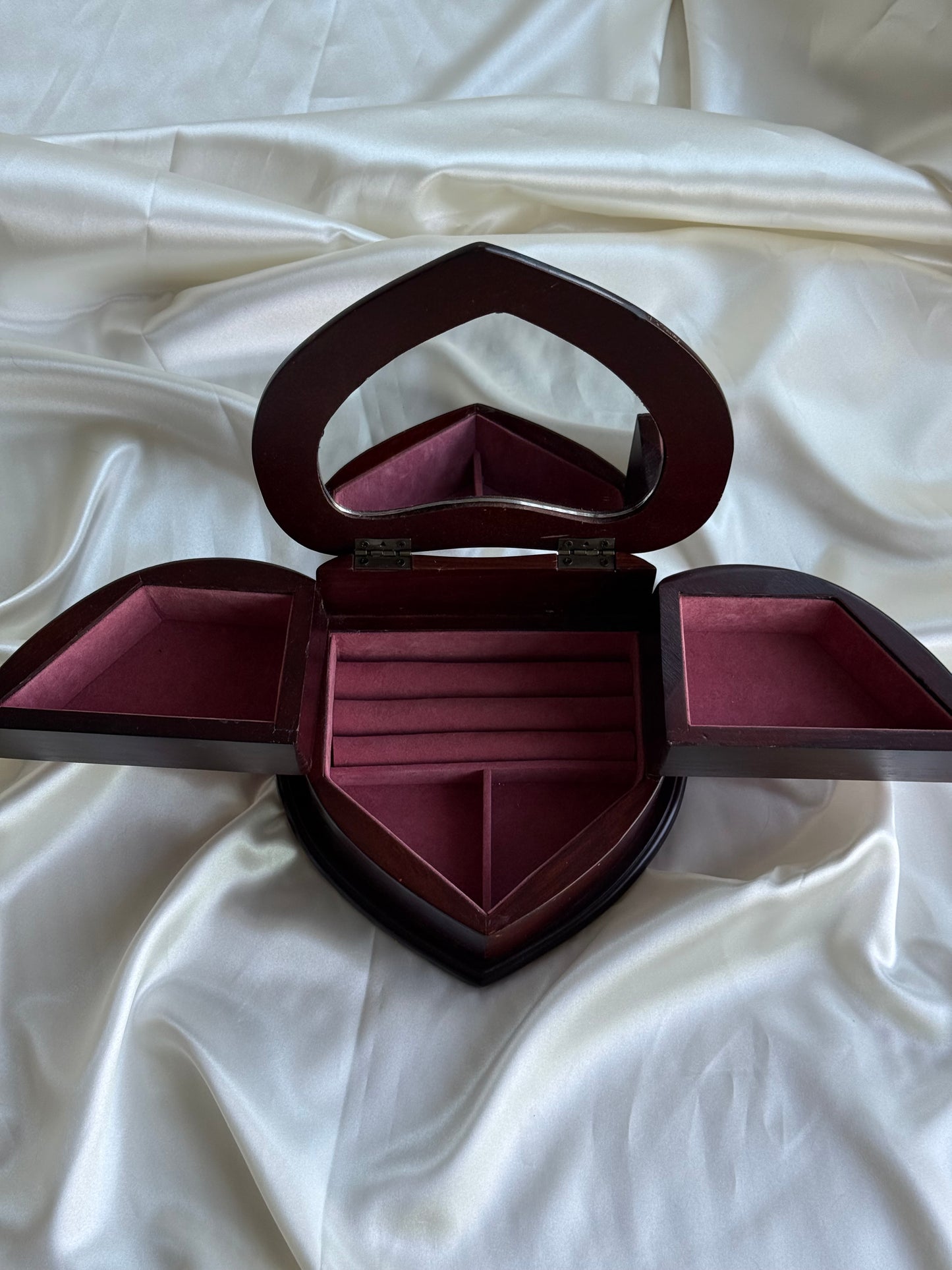Vintage Heart-Shaped Wooden Jewelry Box with Mirror
