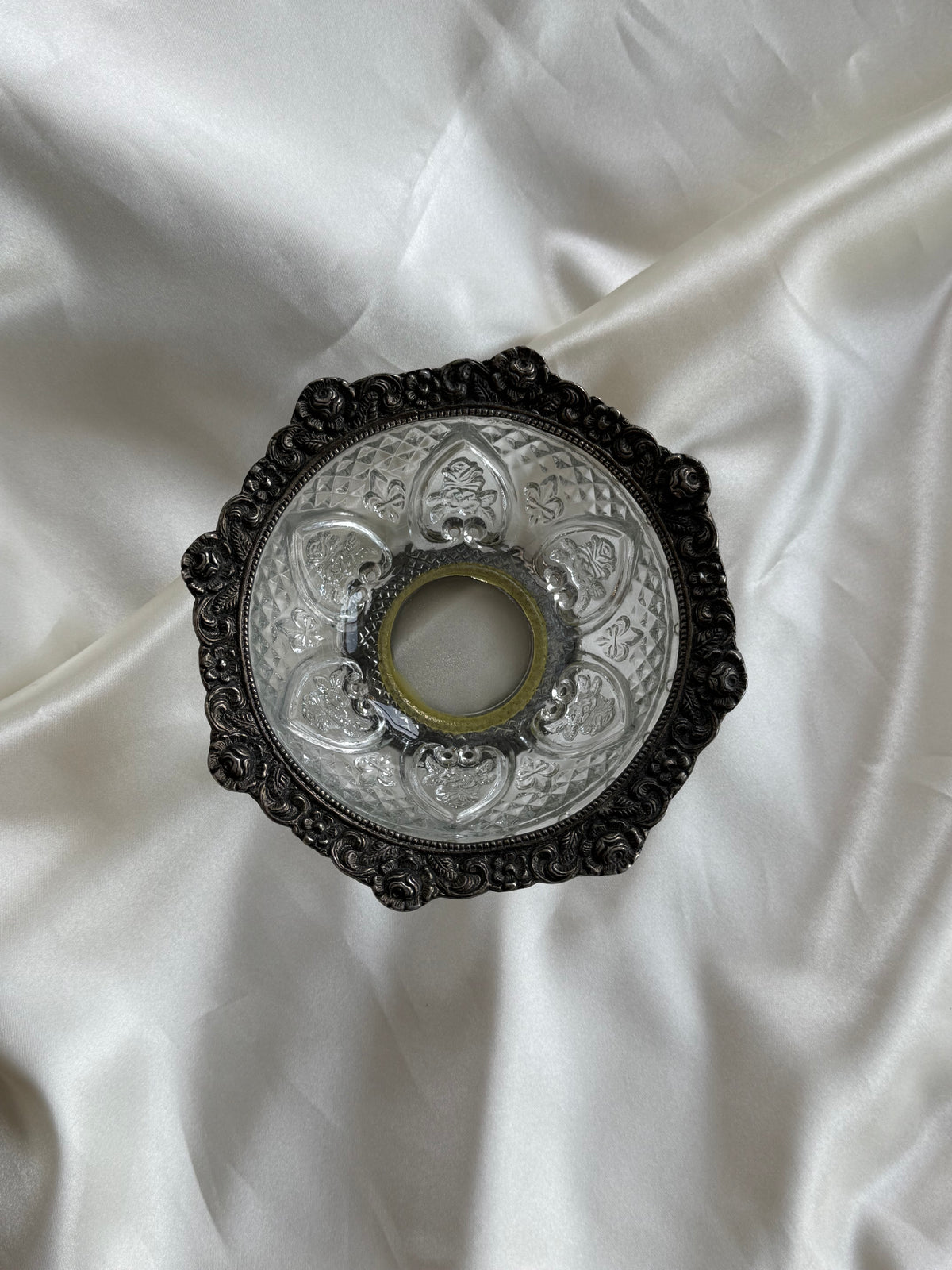 Vintage Pressed Glass Bowl with Ornate Silver-Tone Metal Rim