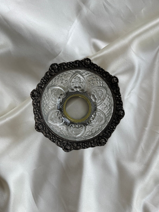 Vintage Pressed Glass Bowl with Ornate Silver-Tone Metal Rim