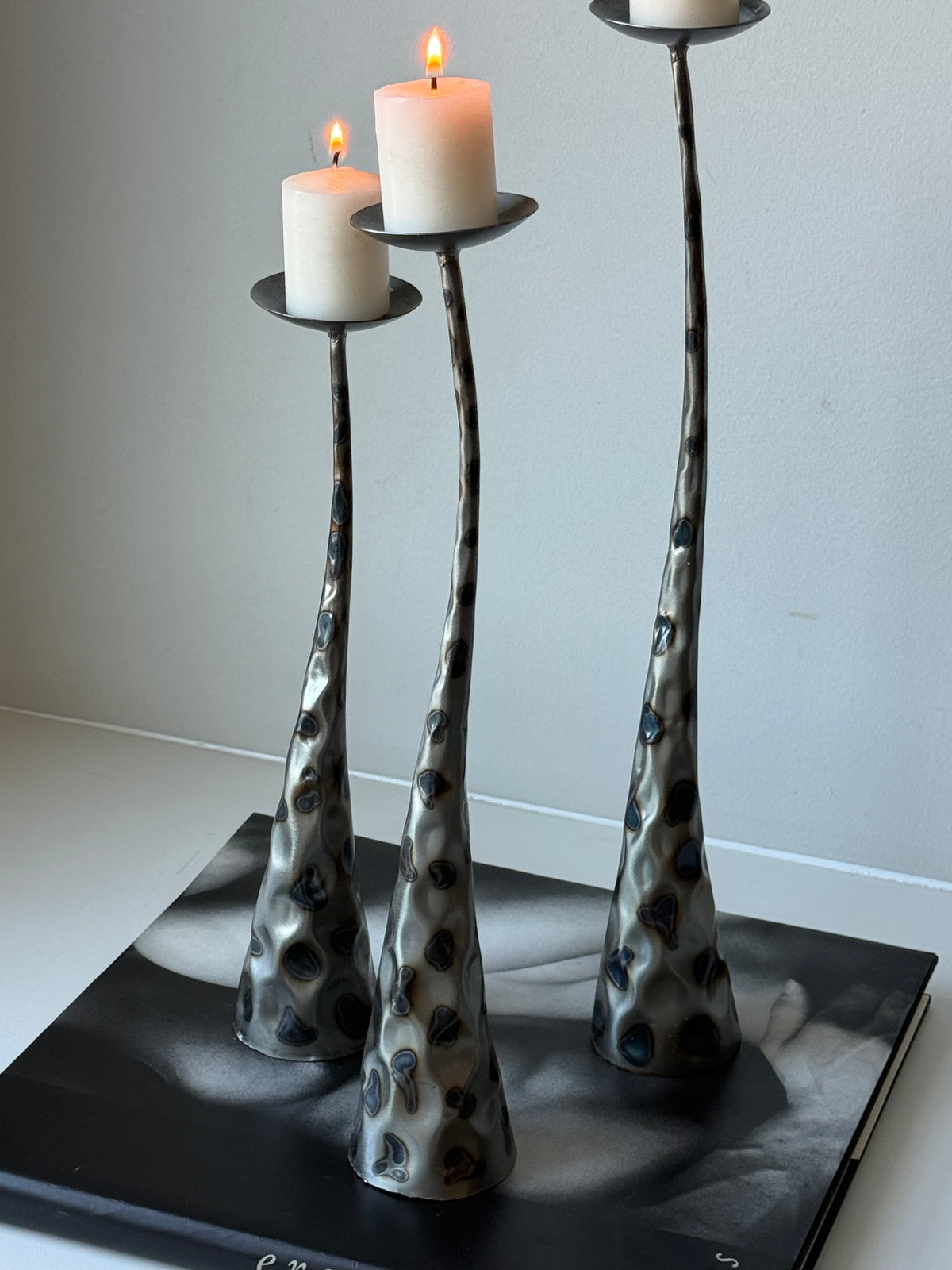 Vintage Brutalist Style Sculptural Metal Pillar Candle Holders – Set of Three