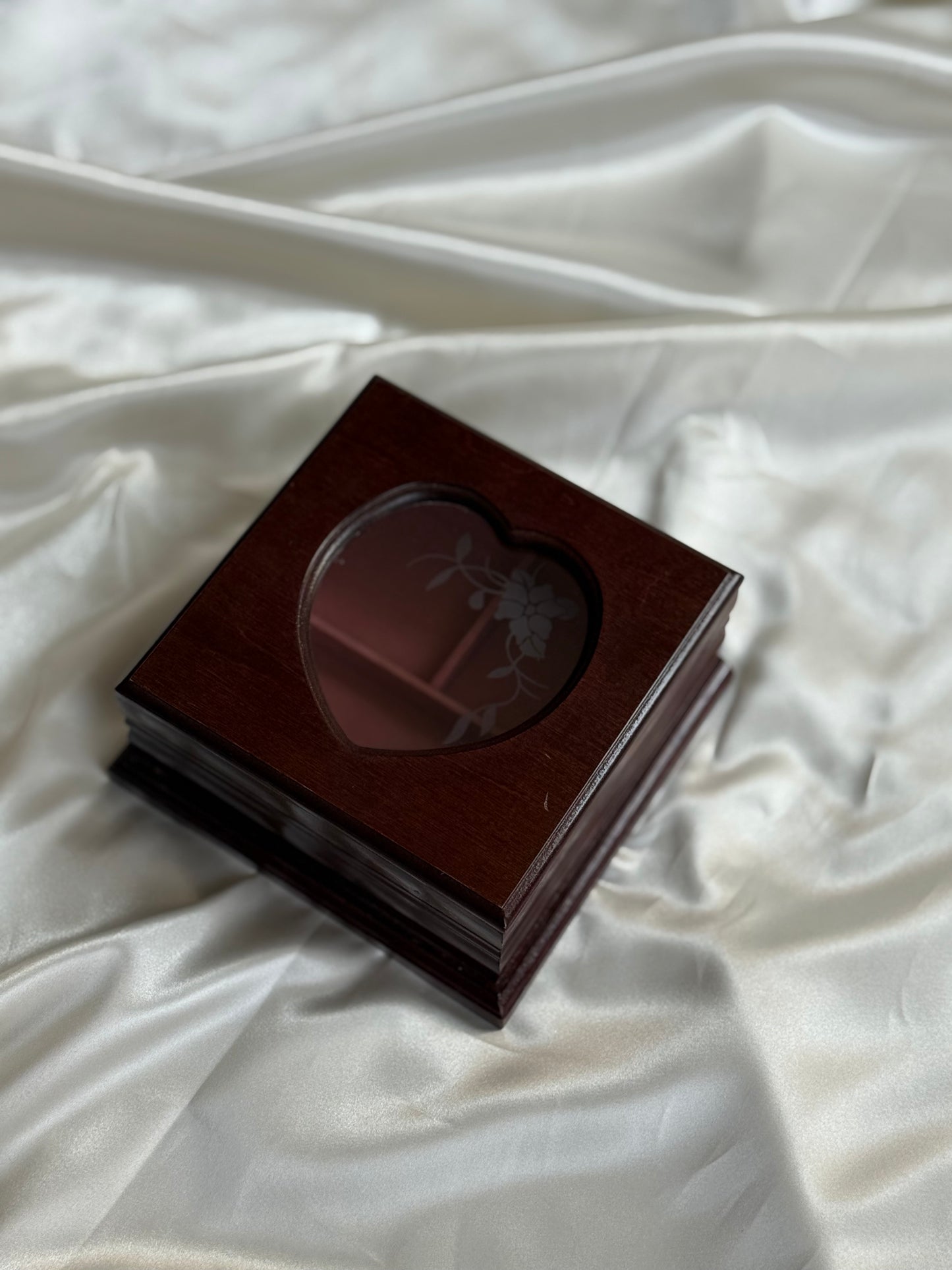 Vintage Wooden Jewelry Box with Heart glass