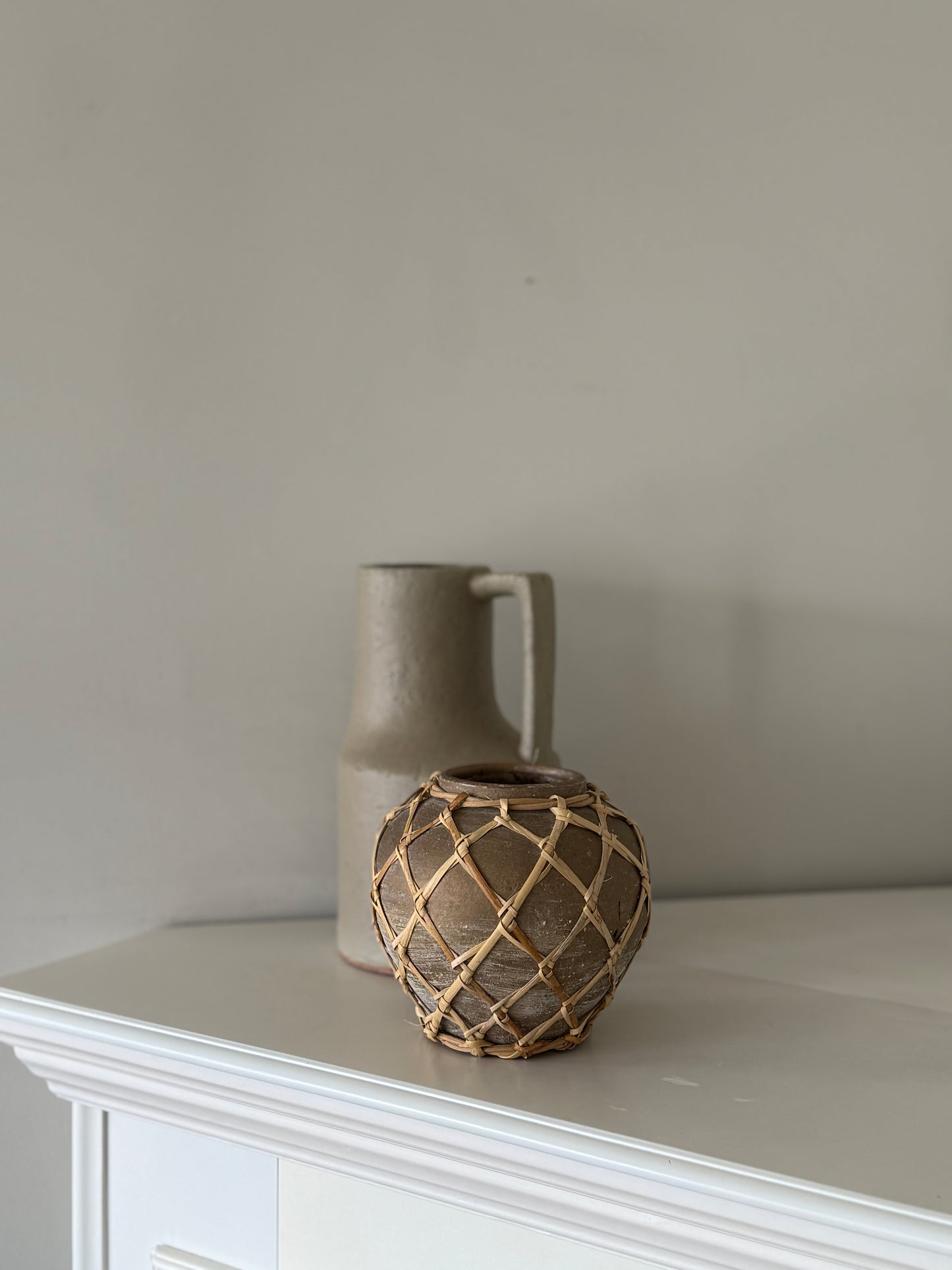 Hand-Woven Rattan Wrapped Terracotta Vase