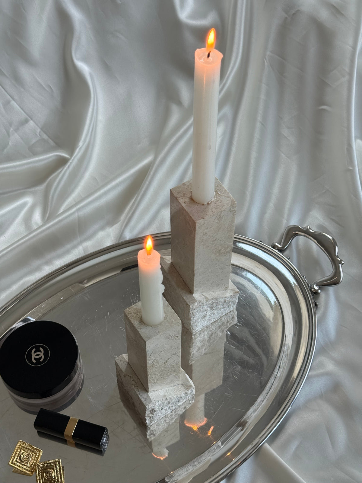 Vintage Renoir Designs Sculptural Travertine Candle Holders – Set of 2