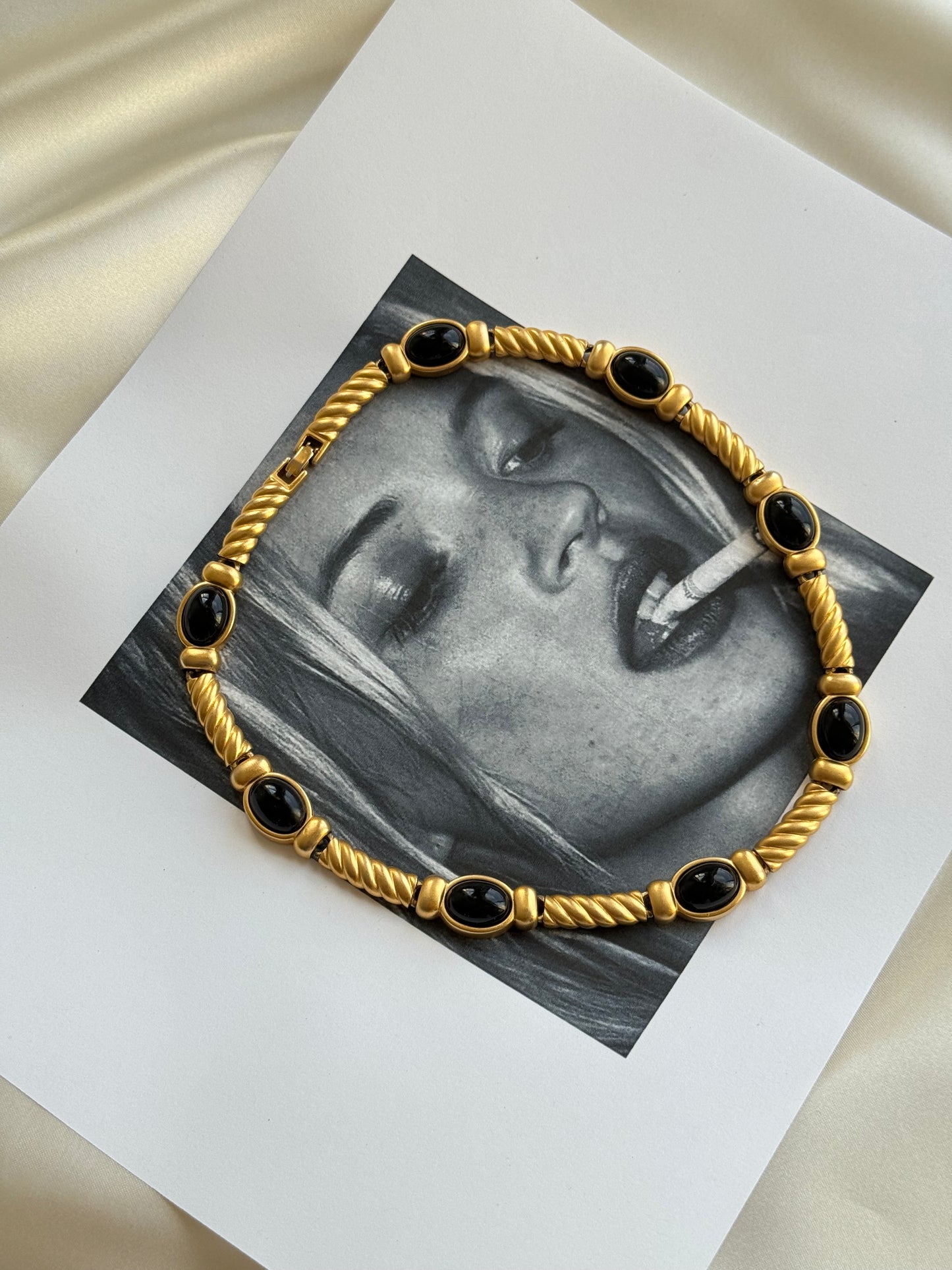 Vintage Gold-Tone & Black Cabochon Necklace