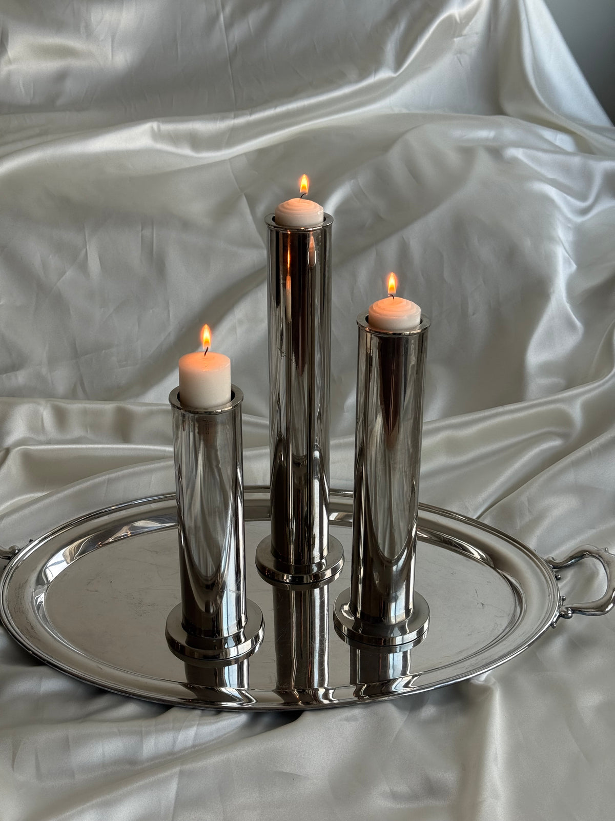 Vintage Chrome Modernist Candle Holders – Set of 3