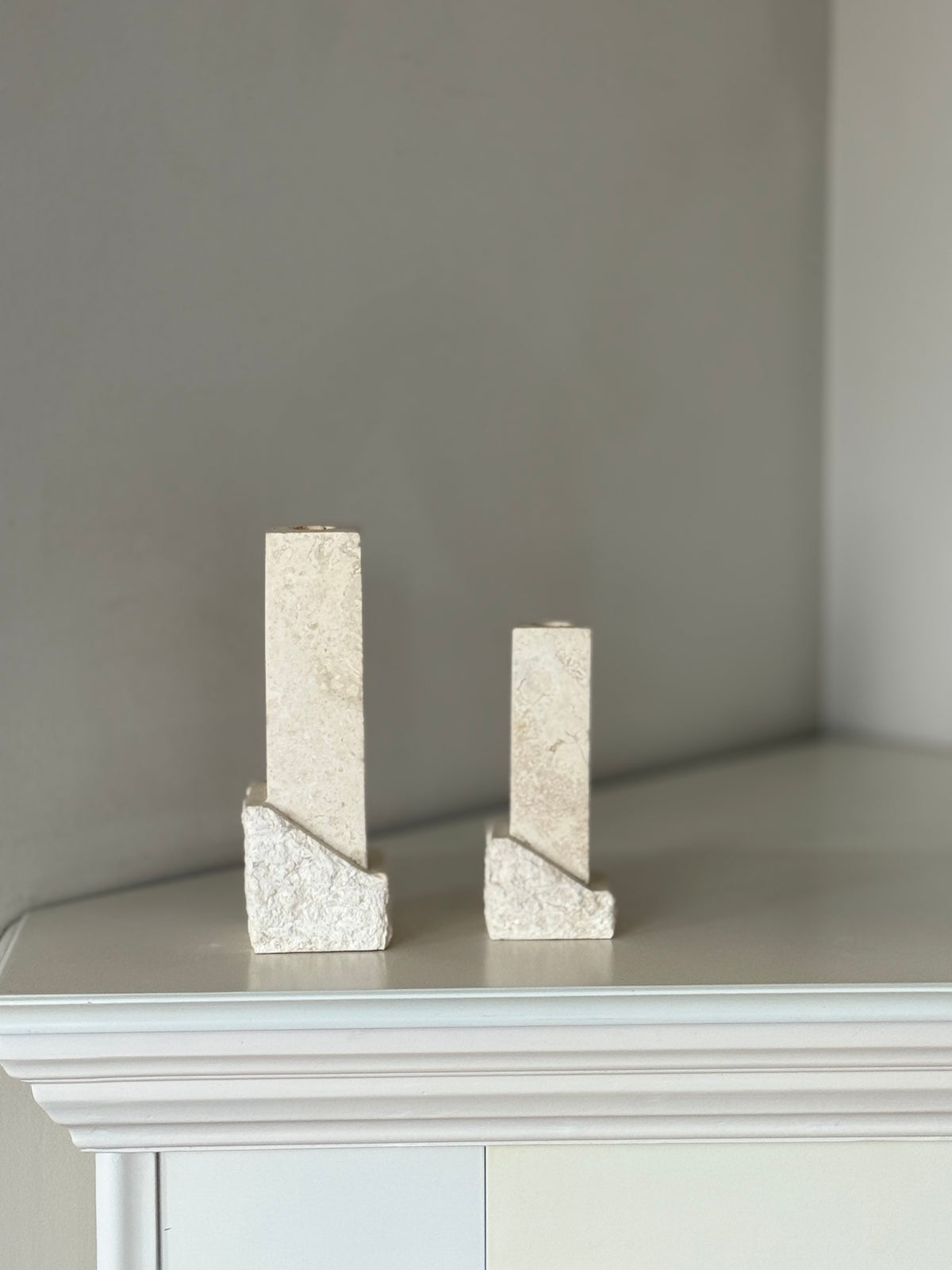 Vintage Renoir Designs Sculptural Travertine Candle Holders – Set of 2