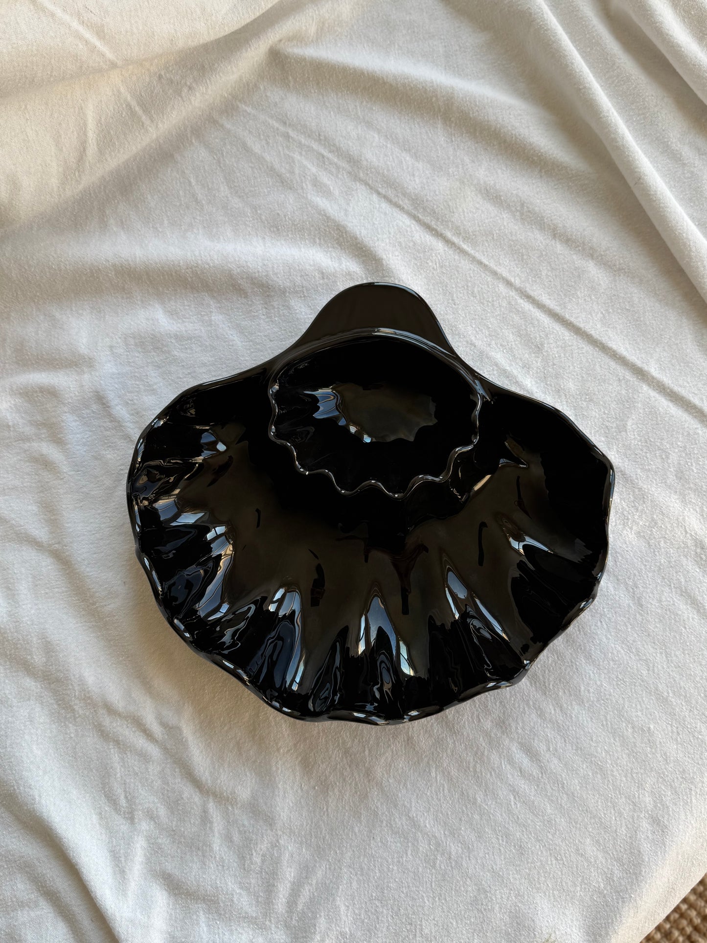 Vintage Black Ceramic Ruffled Serving Dish