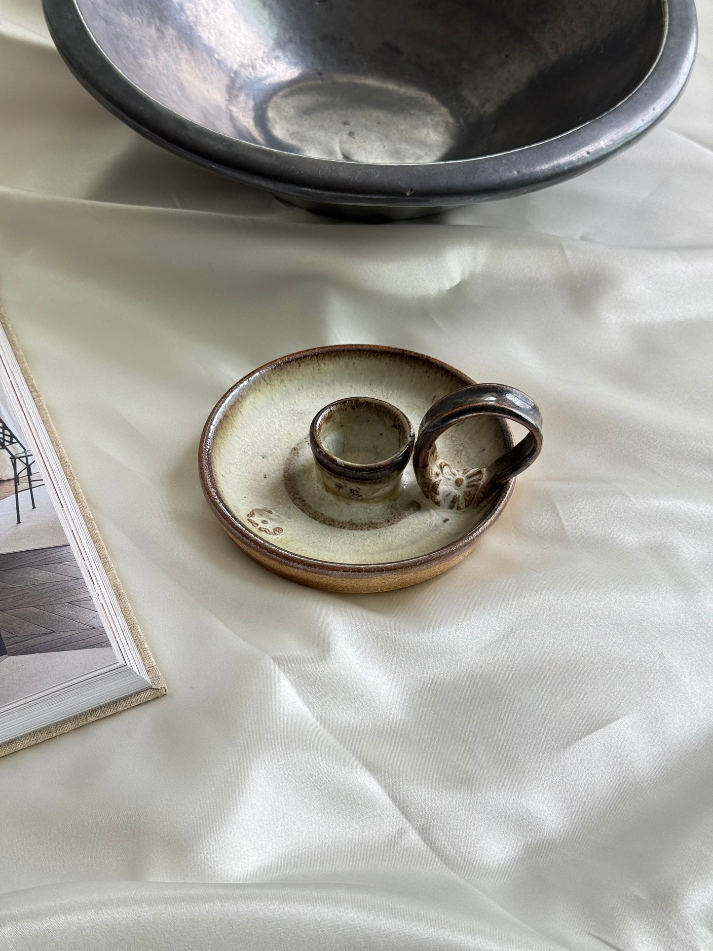 Vintage Studio Pottery Chamberstick – Earthy Stoneware Candleholder
