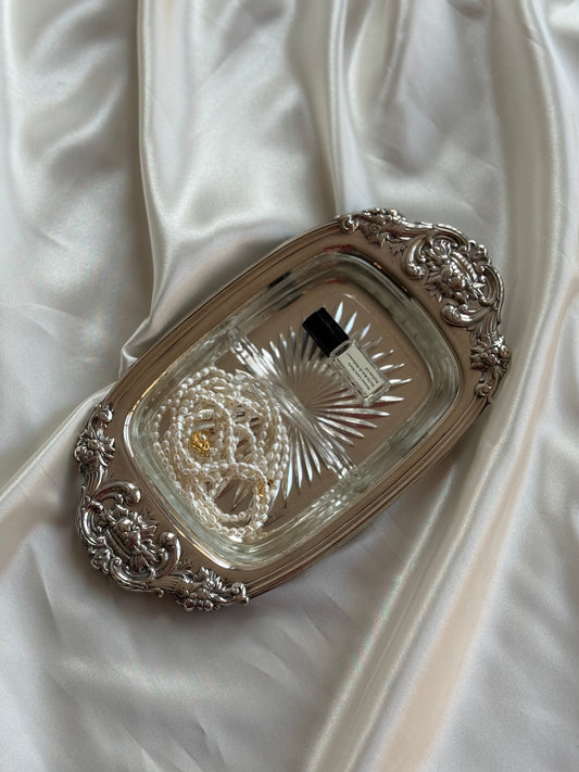 Vintage Silver-Plated Tray with Divided Glass Insert