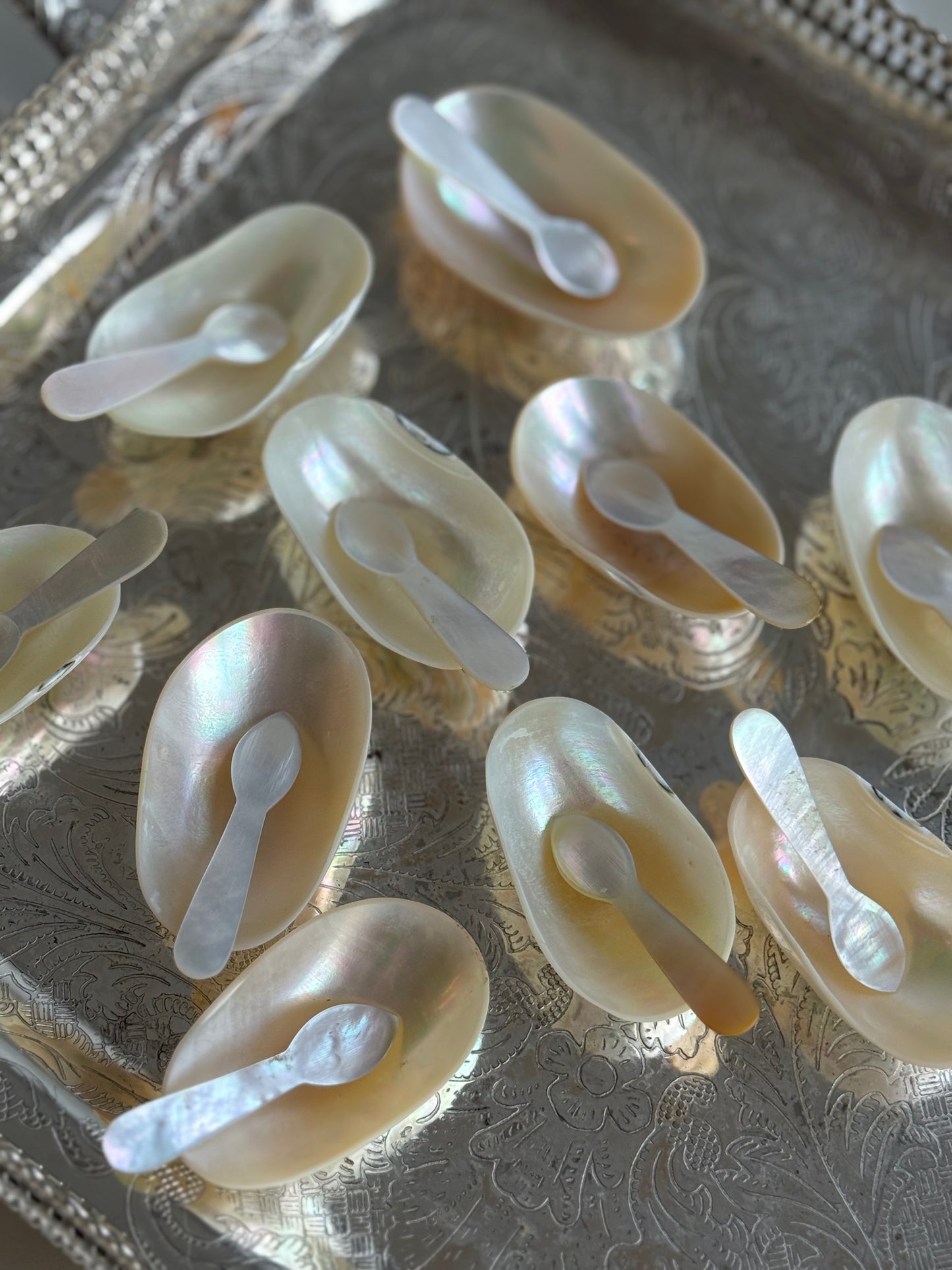 Vintage Mother of Pearl Caviar Serving Dishes – Set of 10 with Mini Spoons