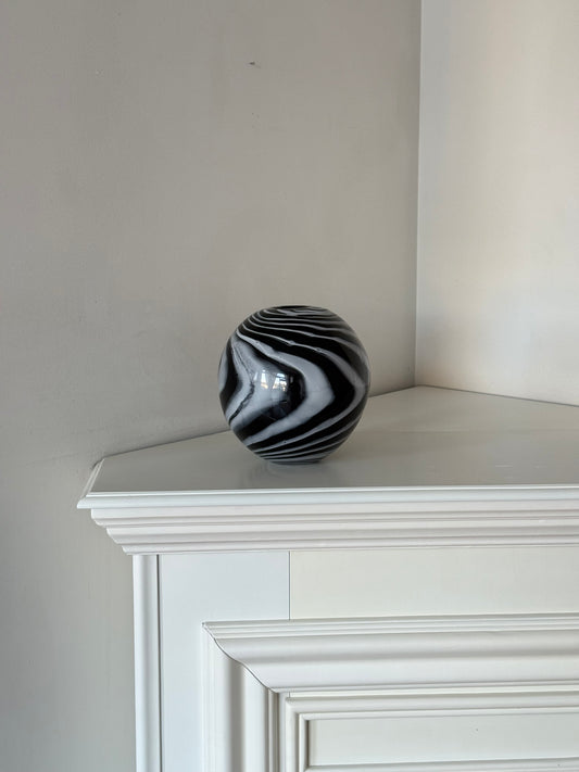 Vintage Hand-Blown Black & White Swirl Glass Vase