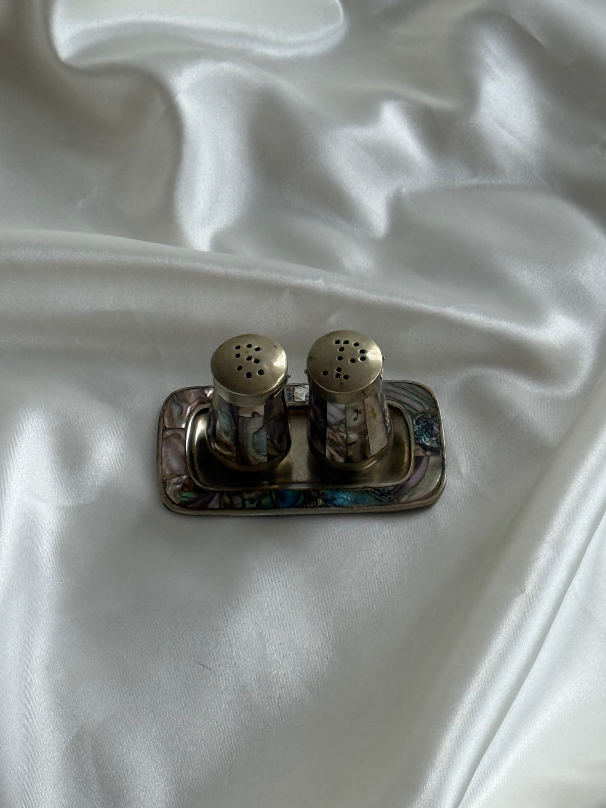 Vintage Abalone Shell Salt & Pepper Shakers with Matching Tray