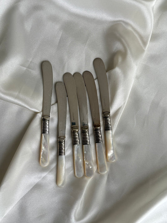 Set of 6 vintage silver plated mother of pearl butter knives