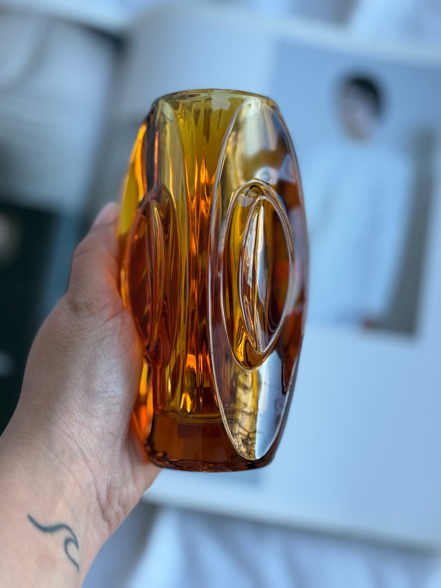 Mid-Century Czech Amber Art Glass Vase Bohemia Hand-Blown