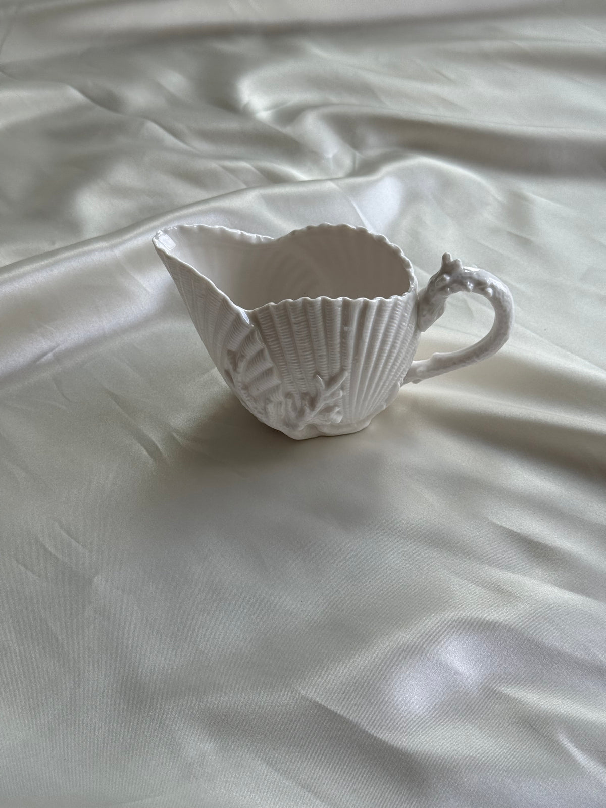 Vintage White Porcelain Shell Creamer with Seahorse Handle