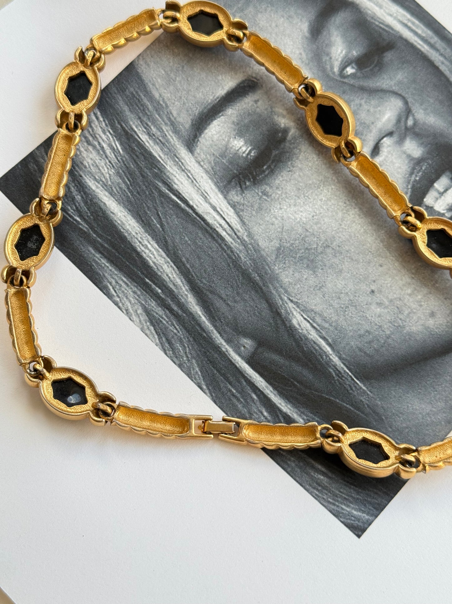 Vintage Gold-Tone & Black Cabochon Necklace