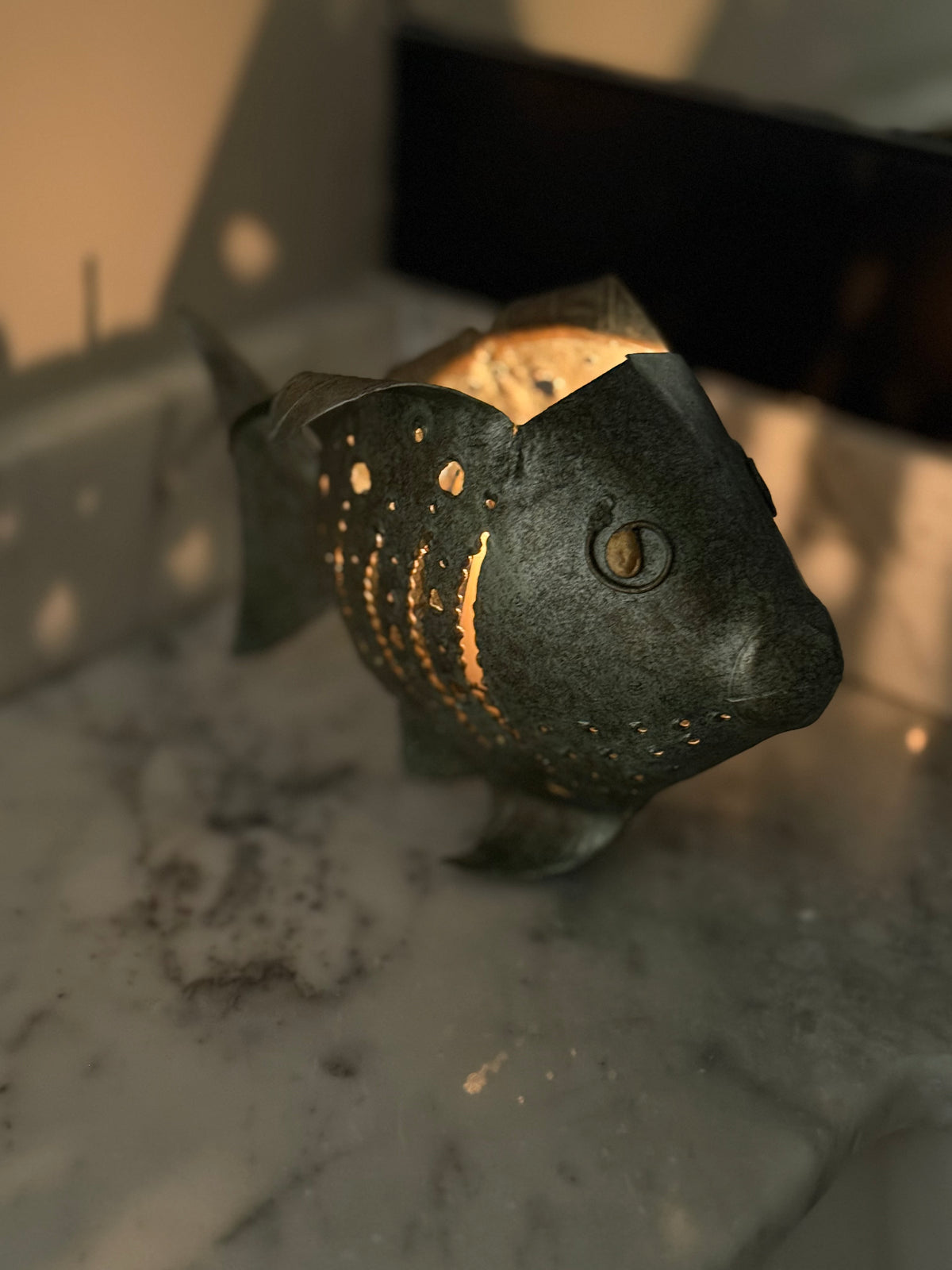 Vintage Pierced Metal Fish Candle Holder