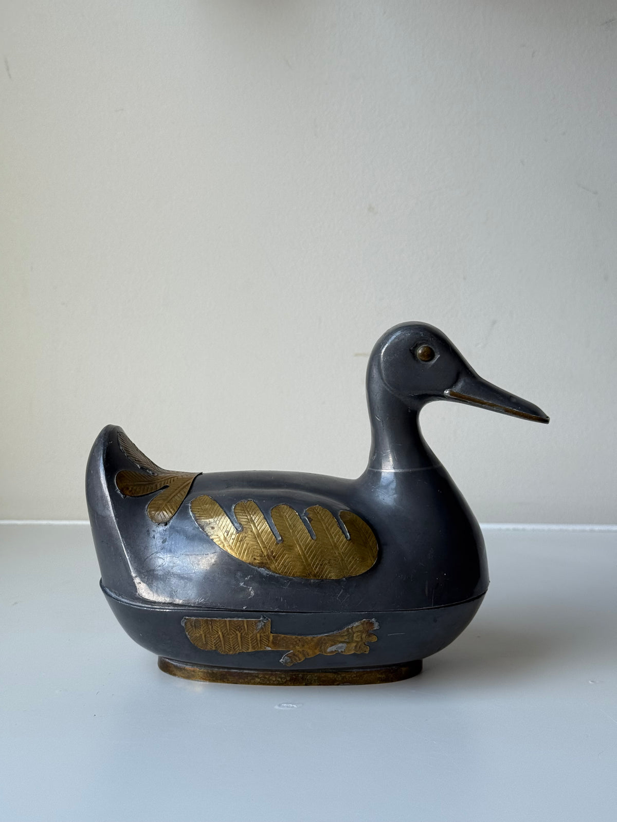 Vintage Pewter and Brass Duck-Shaped Trinket Box
