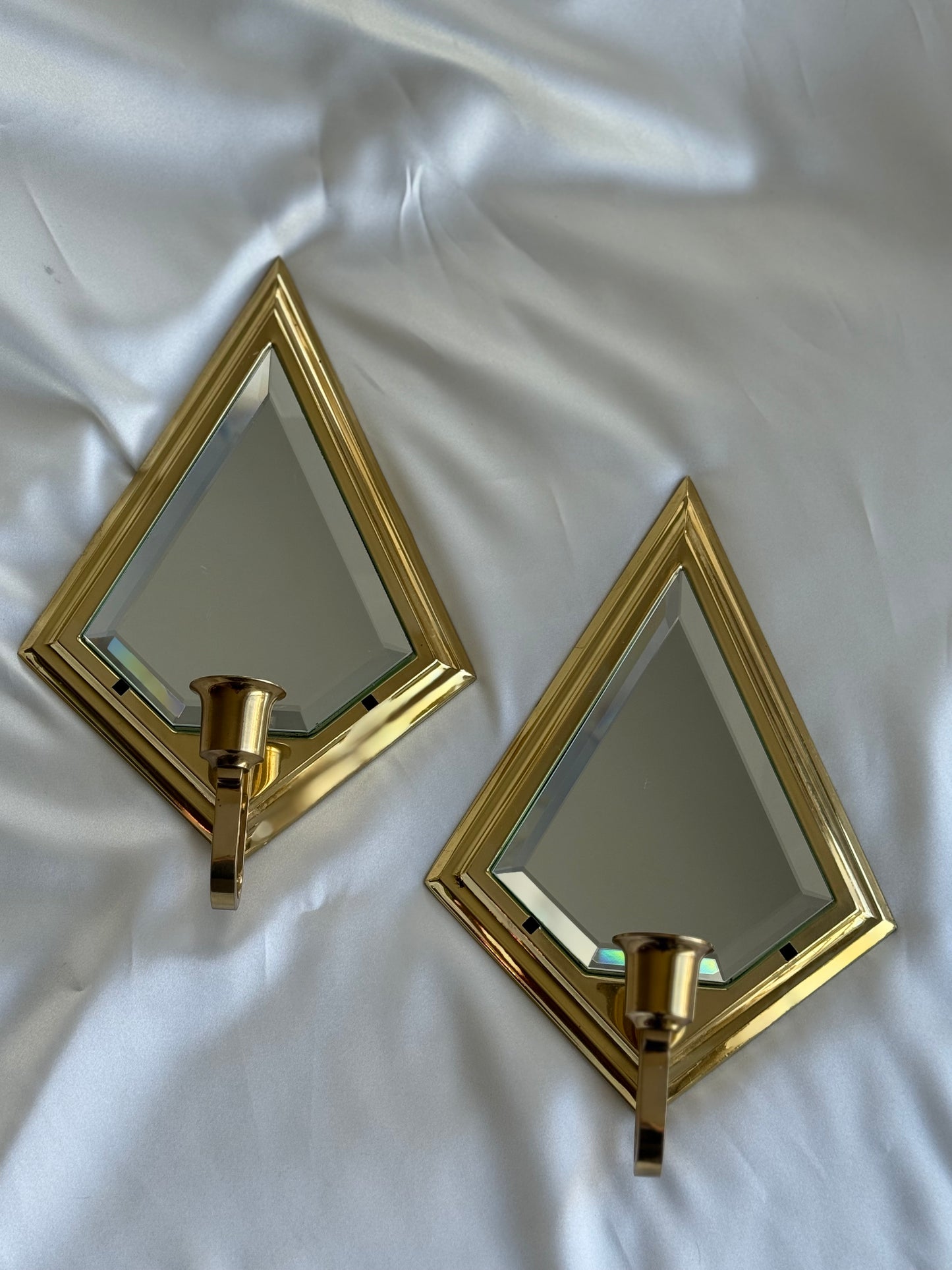 Vintage Brass Diamond Mirror Sconces