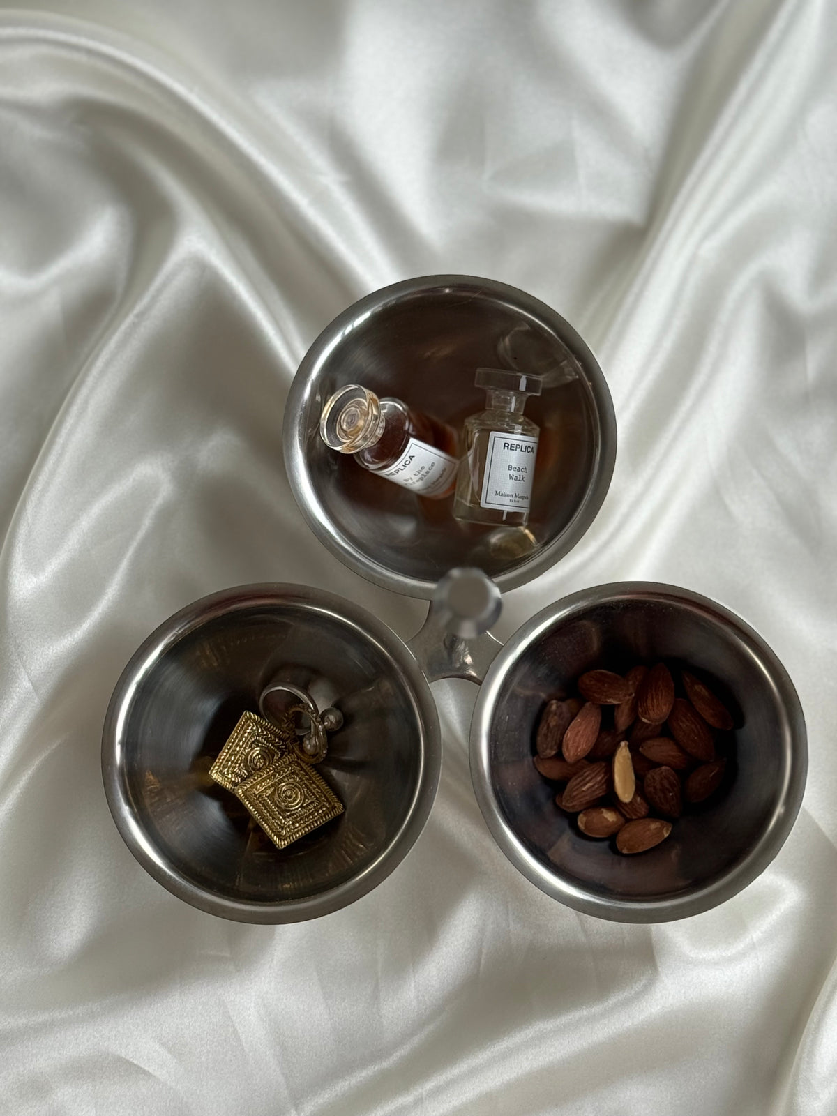 Vintage Stainless Steel Three-Bowl Condiment Server