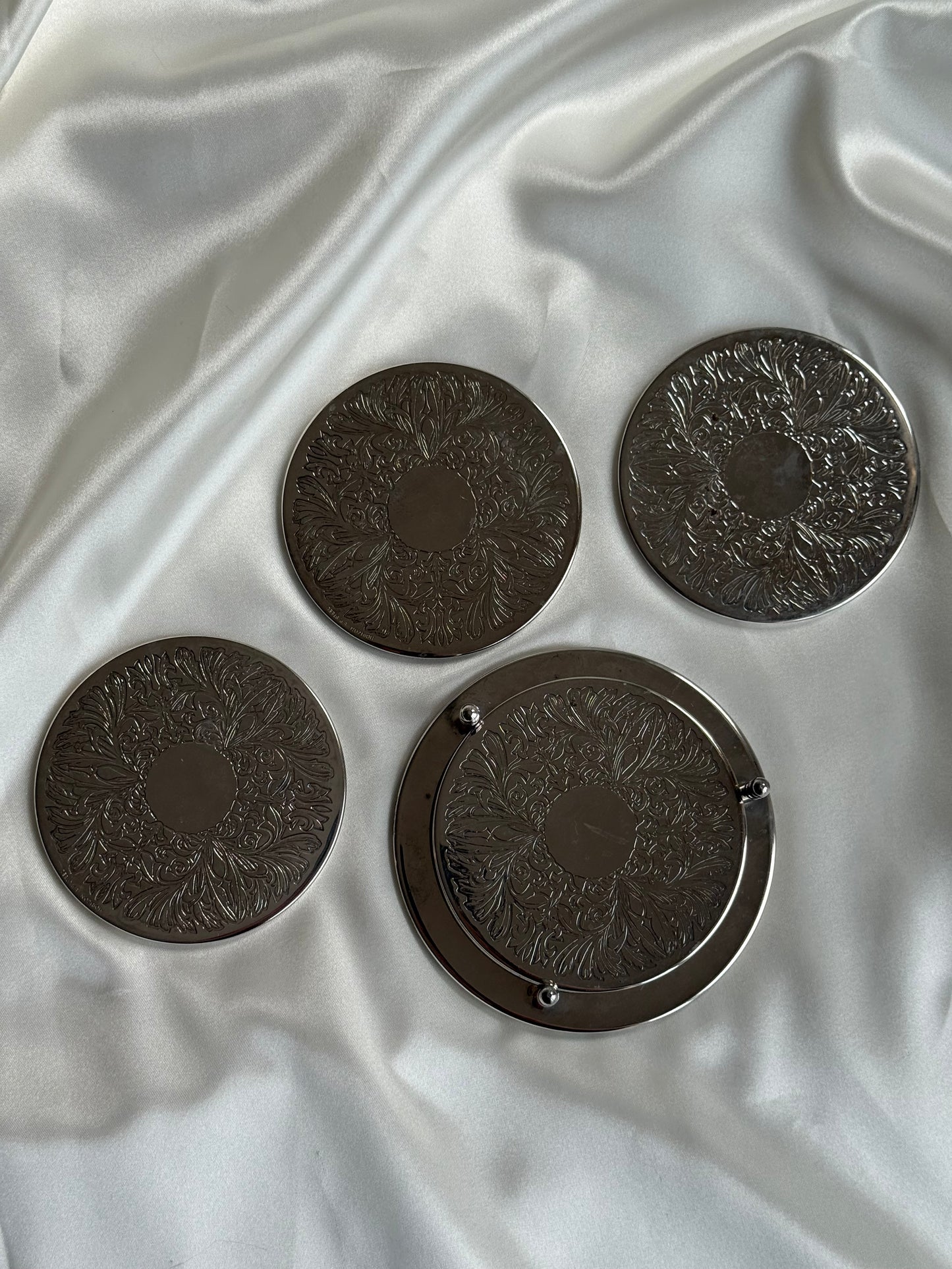 Vintage Silver-Plated Engraved Coaster Set